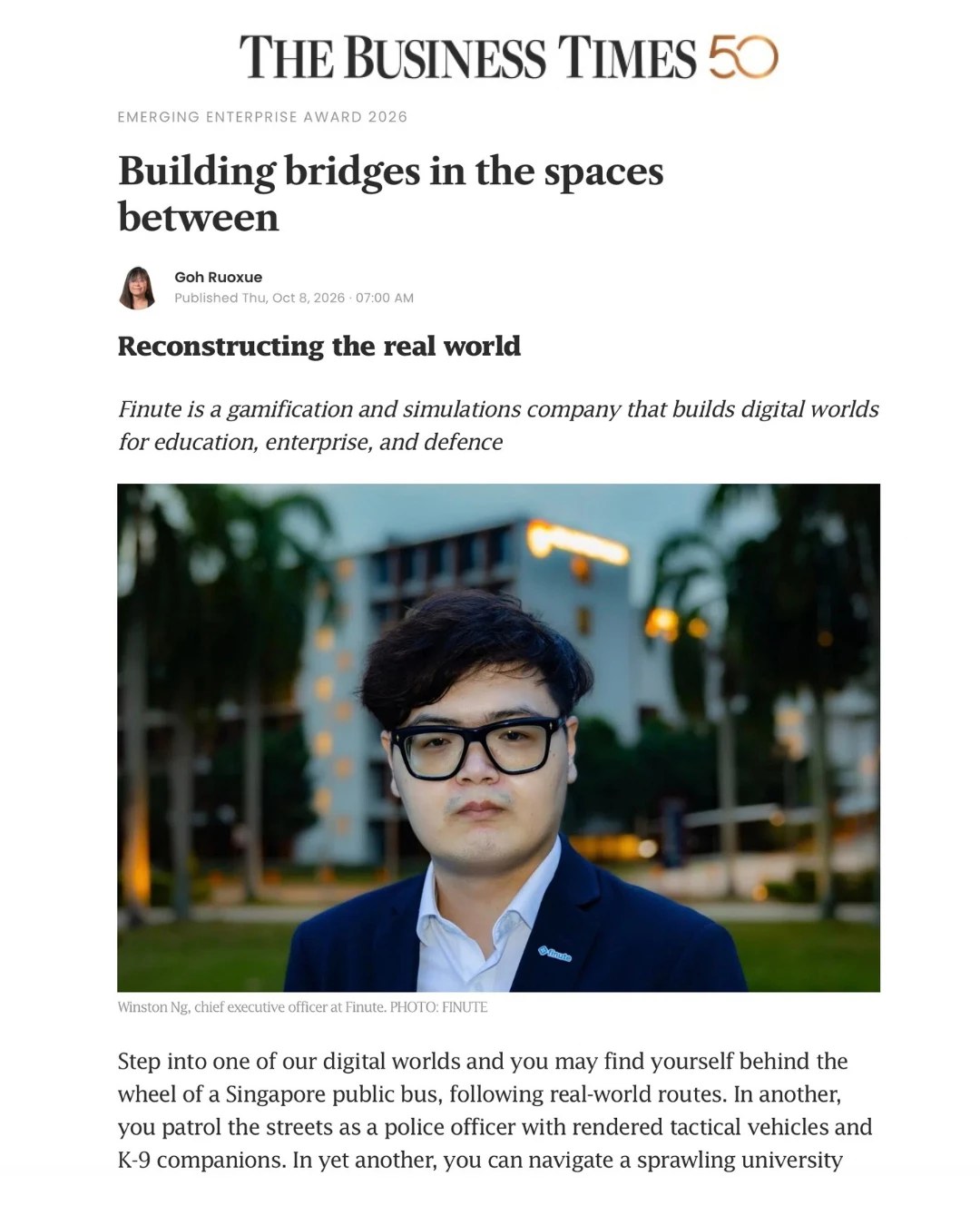 The Business Times: Building bridges in the spaces between, featuring Winston Ng of Finute