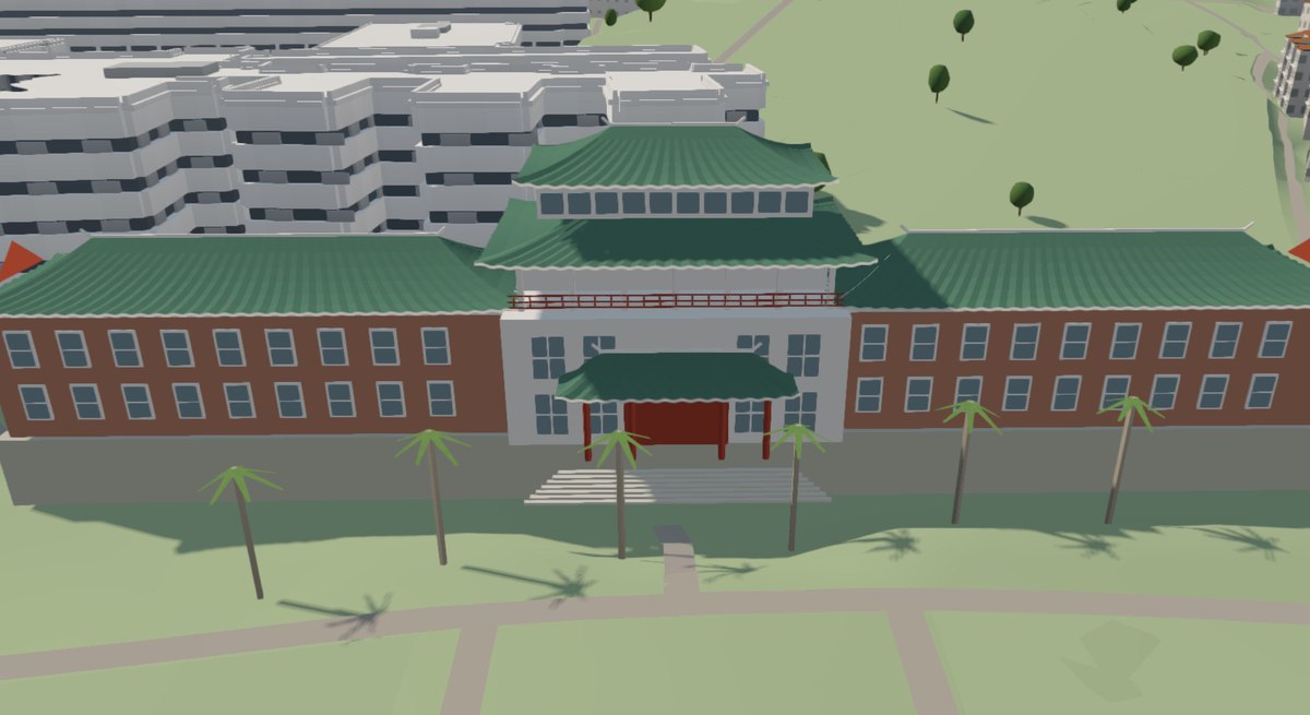 The same heritage building rebuilt in the 3D map, matching its roofline and proportions