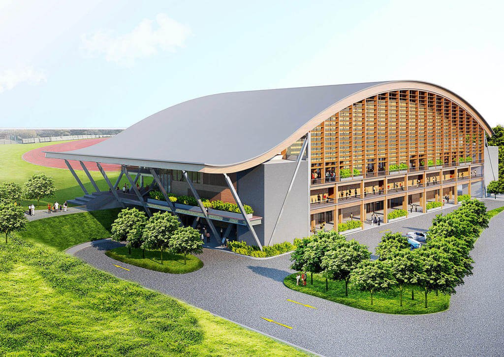 Photo of a sports hall with a distinctive curved roof