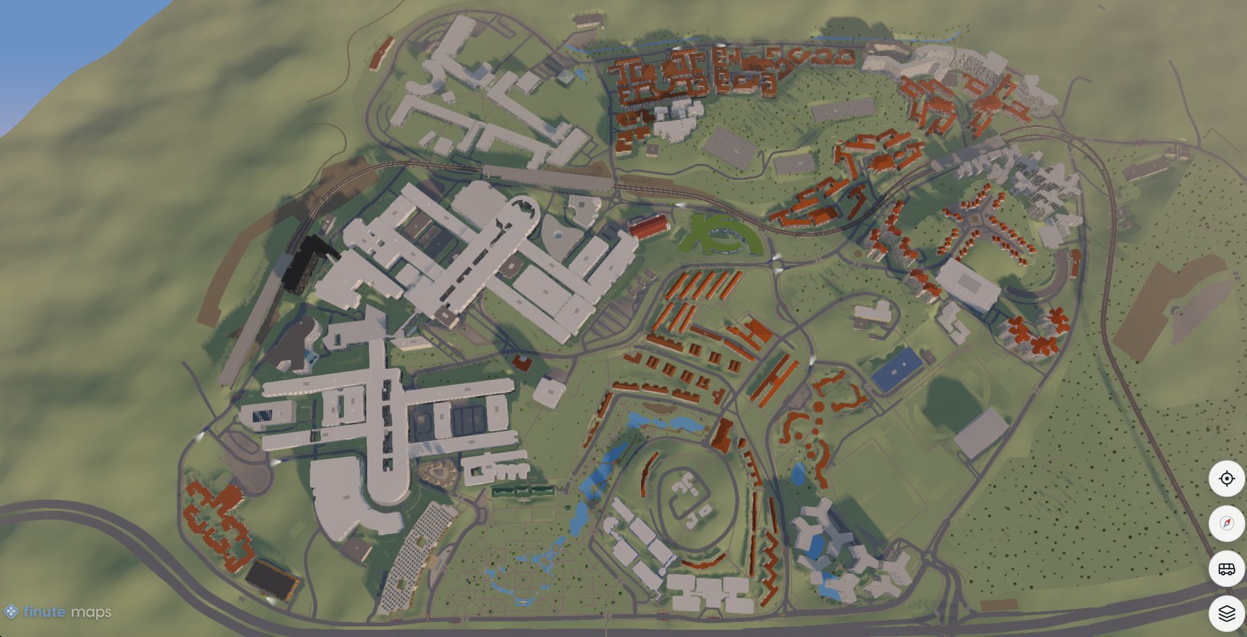 Interactive 3D campus map viewed from above, with buildings and grounds modelled to scale