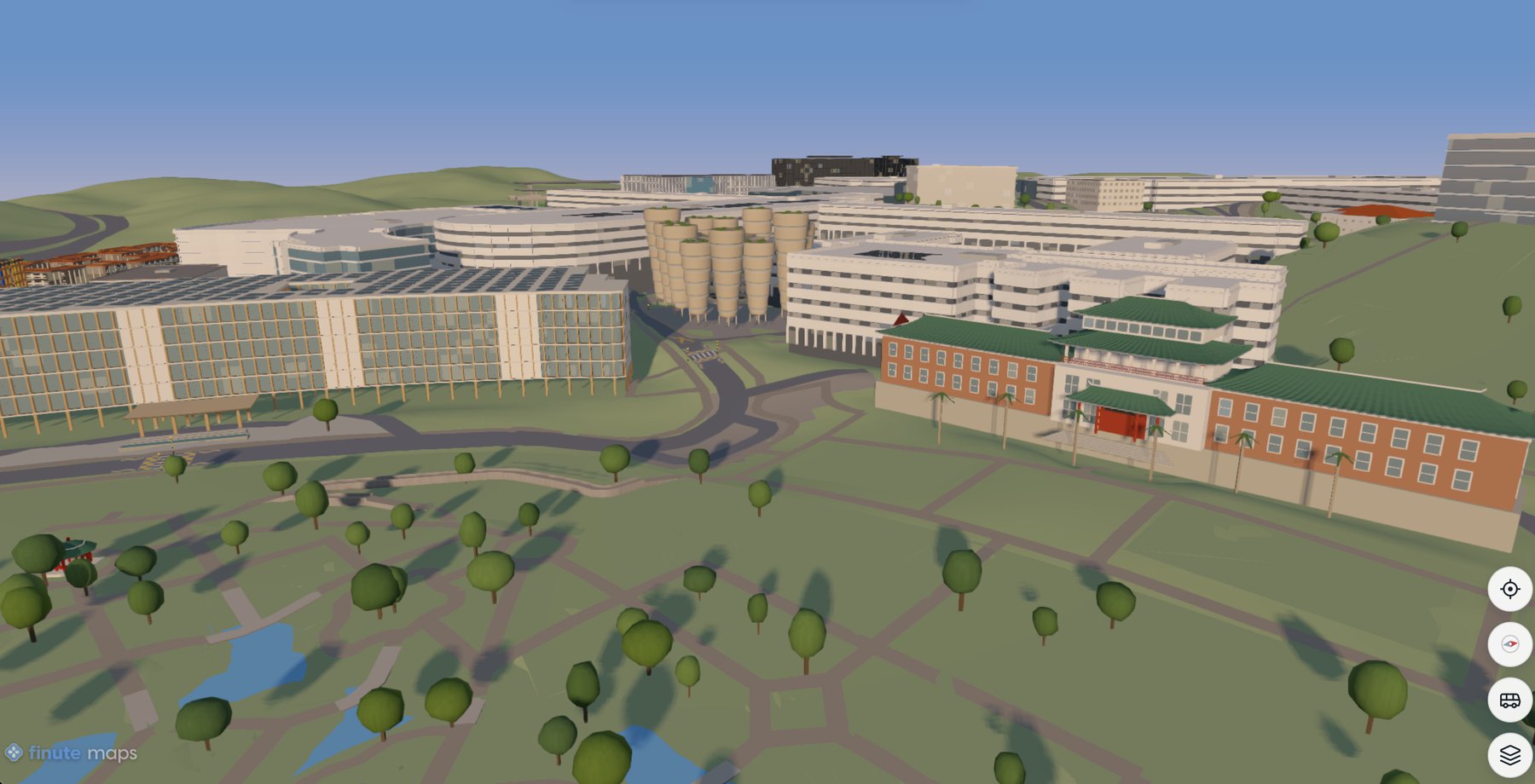 Ground level view of an interactive 3D campus map, with buildings modelled down to individual windows and facades