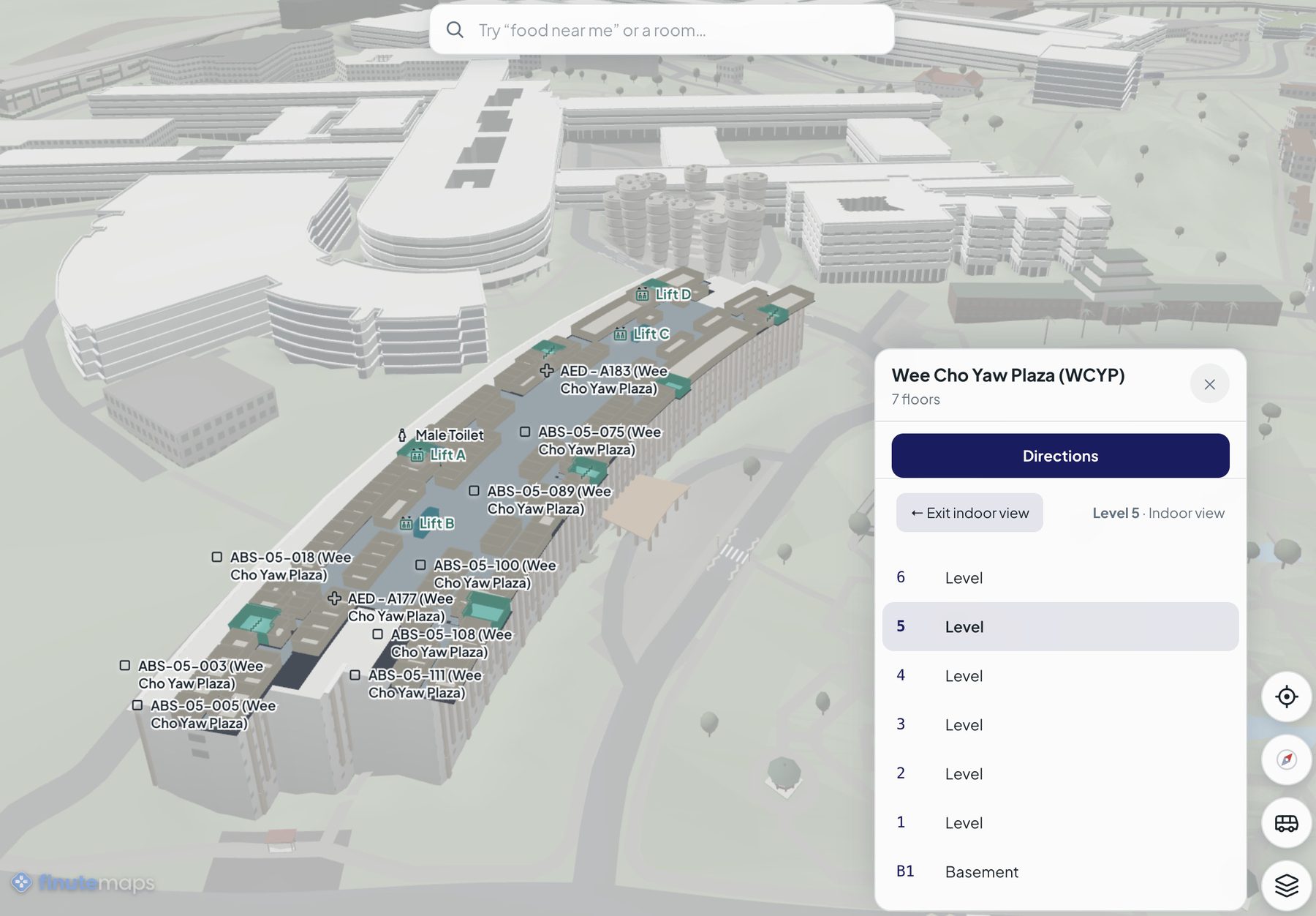 Indoor navigation view with a level selector and facilities mapped floor by floor