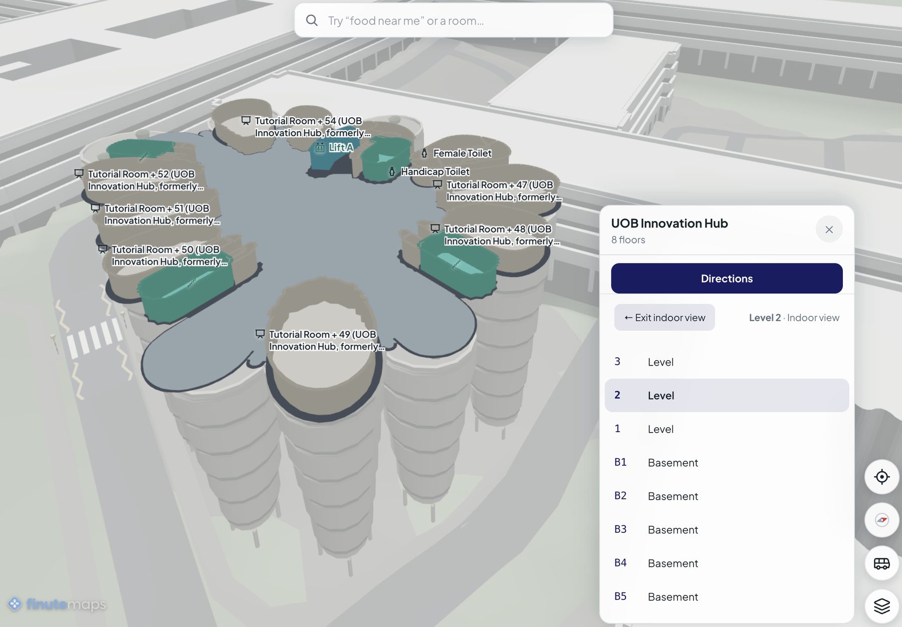 Indoor 3D map showing individual rooms labelled inside a building