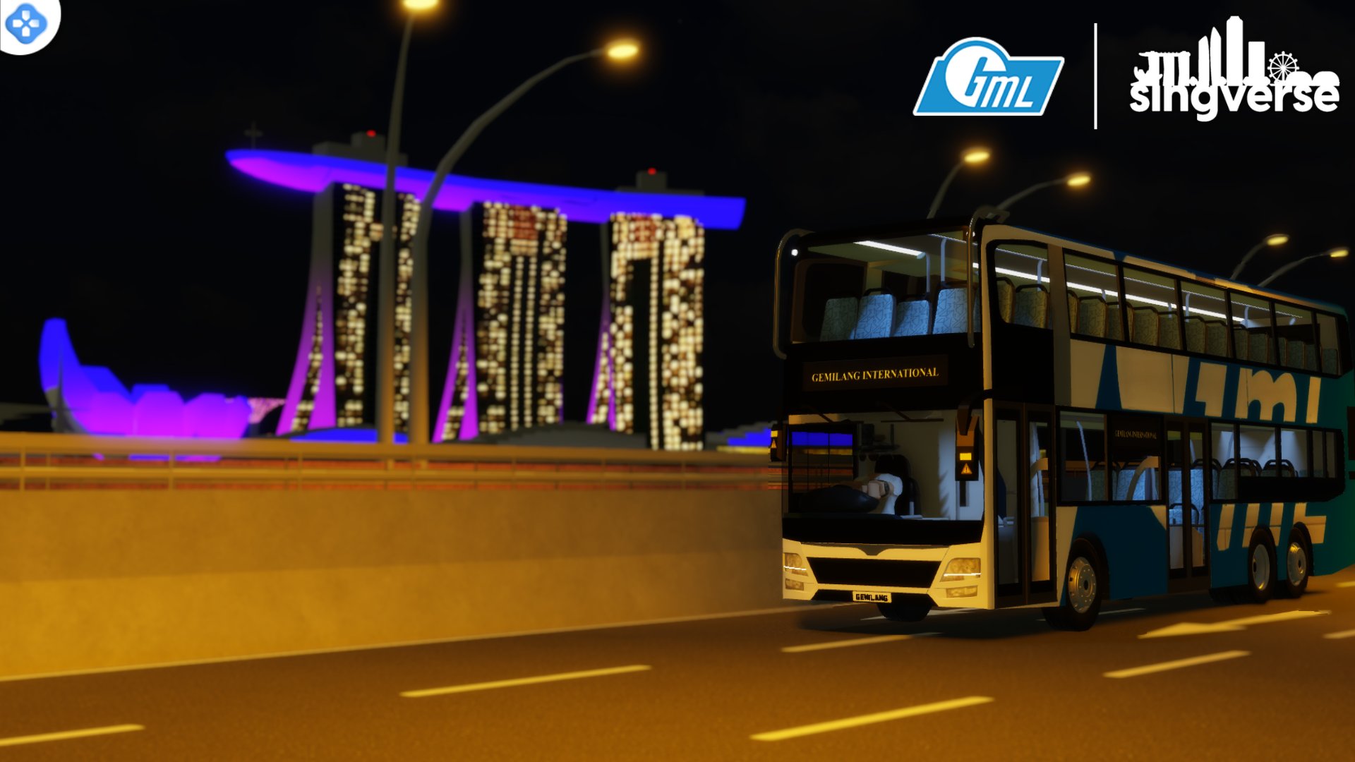Gemilang GML double-decker at night