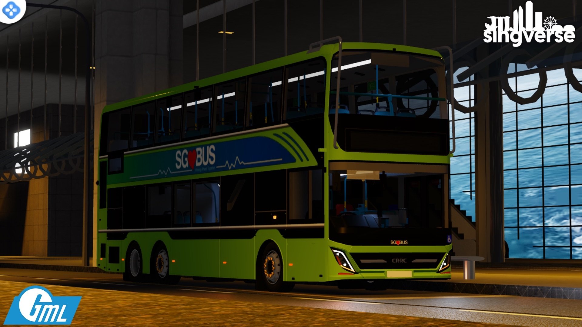 SGBus Gemilang double-decker in Singverse at night