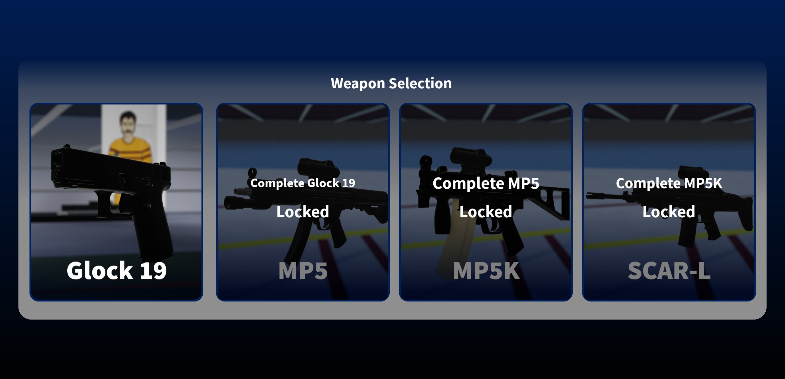 Weapon selection screen — Glock 19, MP5, MP5K, SCAR-L