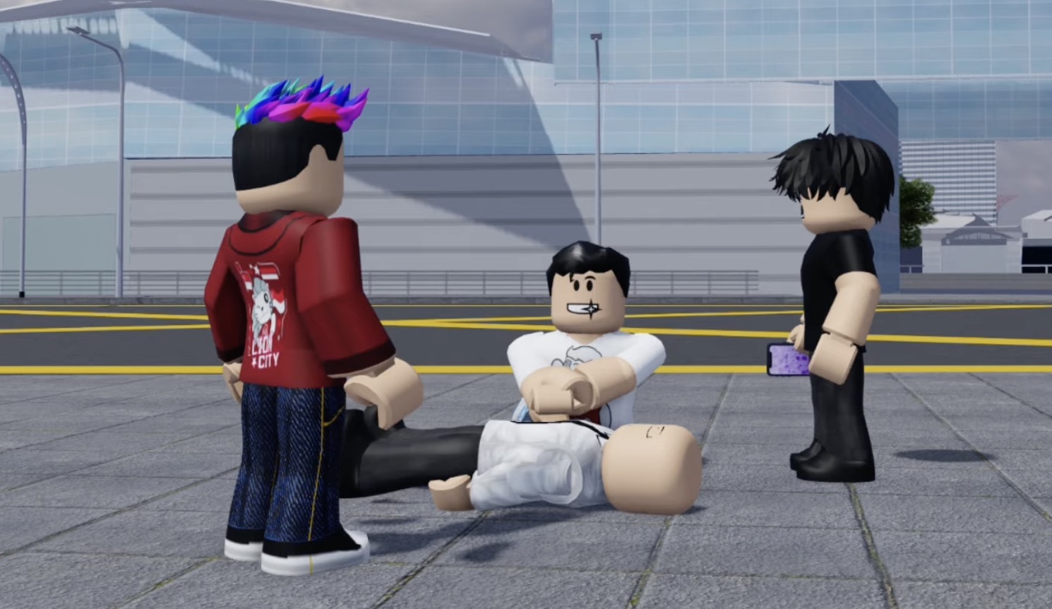 Players responding to a collapsed casualty in the city in Singverse