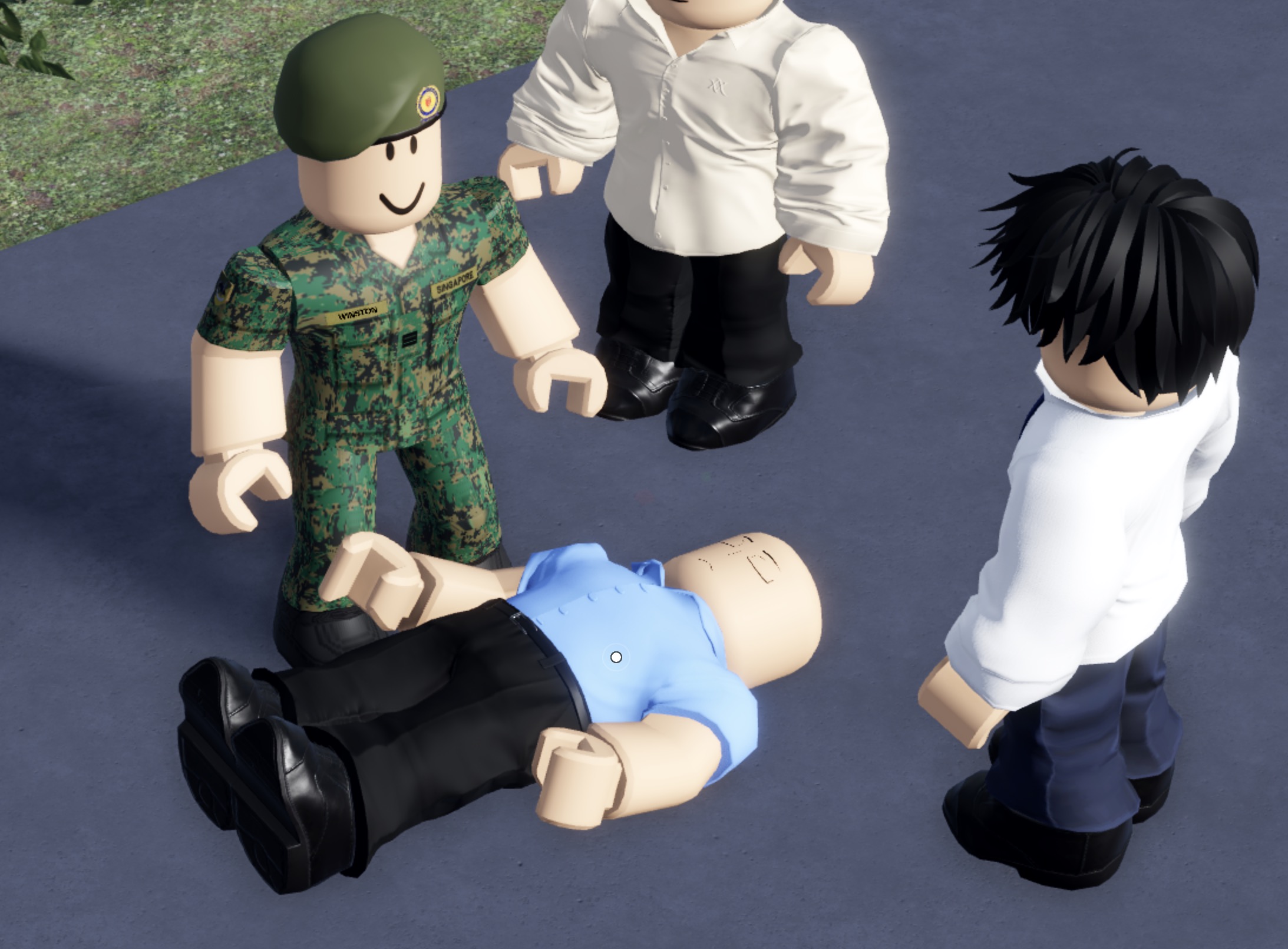 A soldier and civilians performing CPR in Singverse