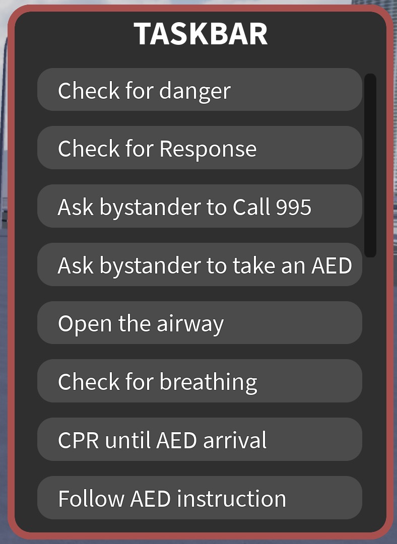 In-game CPR-AED step-by-step task list in Singverse