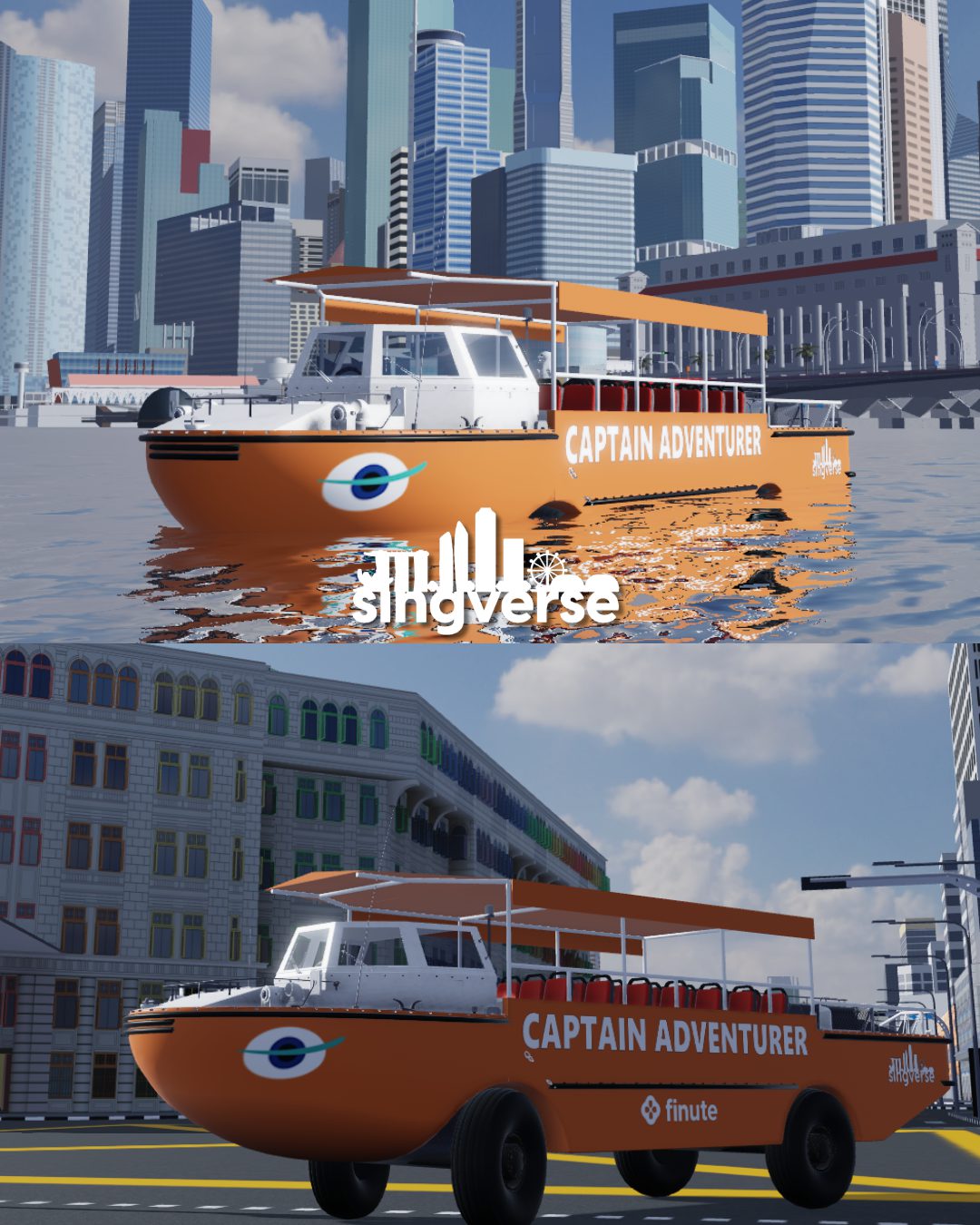 Captain Adventurer amphibious duck tour boat in Singverse, on water and on the road