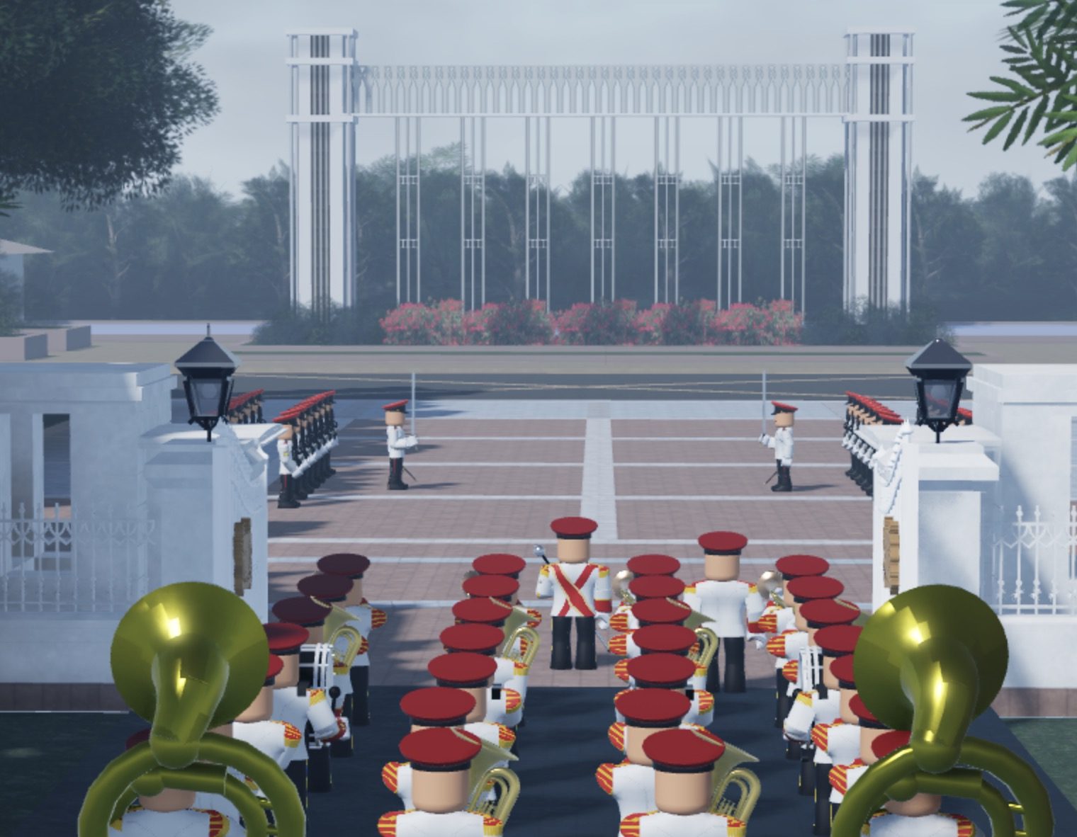 Military marching band performing at the Civilian War Memorial in Singverse
