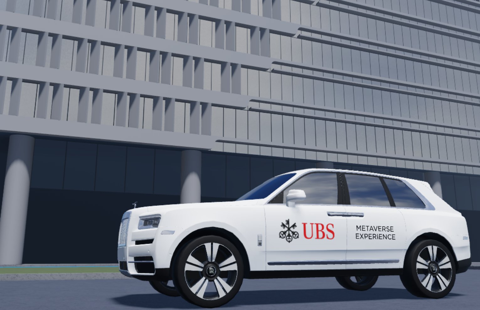 Luxury vehicle branded UBS Metaverse Experience outside virtual UBS office